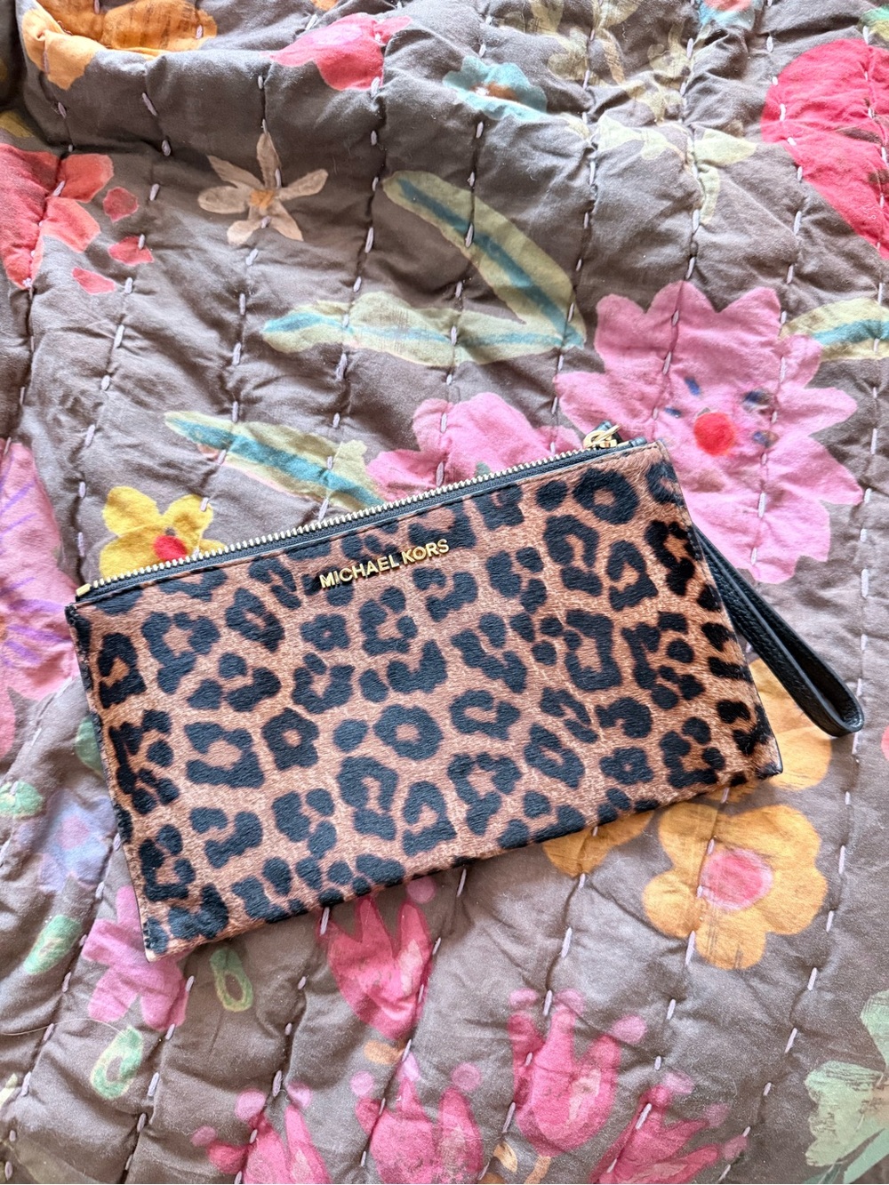 Michael Kors Leopard Calfhair Wristlet Clutch in Brown and Black
